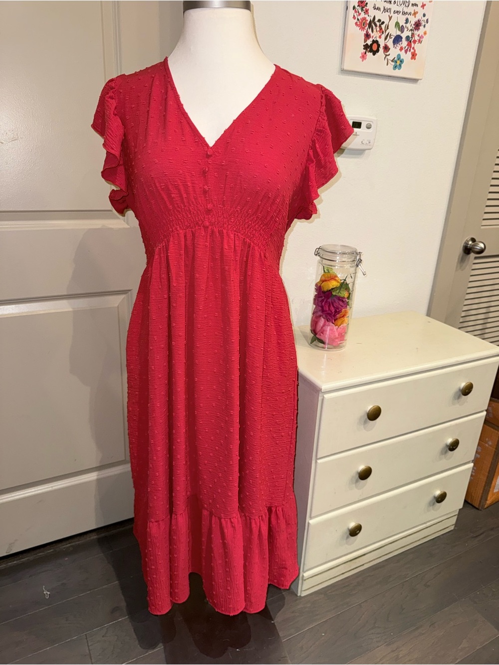 ❤️ NWOT Suzanne Betro  Red V-Neck Midi Dress with Flutter Sleeves XL